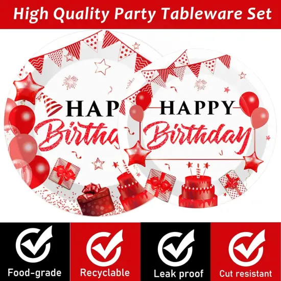 96pcs Red White and Gold Birthday Plates Napkins Forks Party Tableware Set Confetti Sprinkles Happy Birthday Party Decorations Red Table Decors for Men Women for 24 Guests {3}