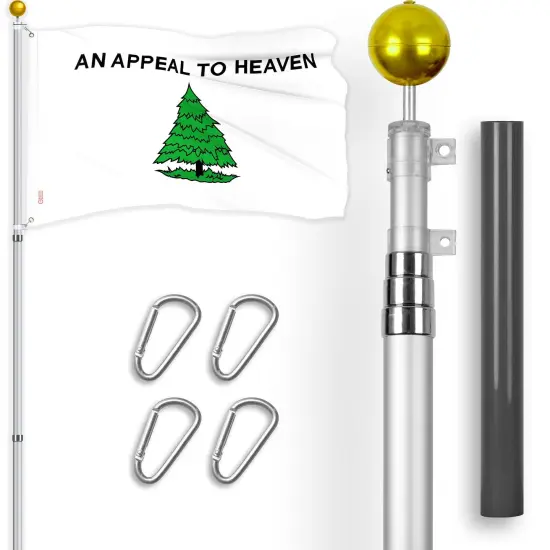 G128 Combo Pack: 16 Ft Telescoping Aluminum Flagpole (Silver) & An Appeal to Heaven Flag 3x5 Ft, ToughWeave Series Embroidered 300D Polyester | Pole with Flag Included {1}