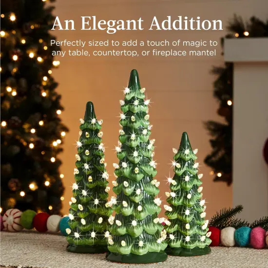 Set of 3 Pre-Lit Green Ceramic Christmas Trees {3}
