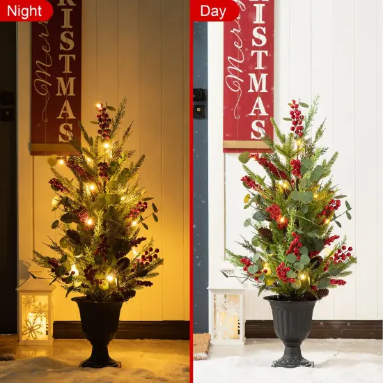 Set of 2 36''H Christmas Lighted Berry Pine Cone Urn Porch Trees With Timer Green {10}