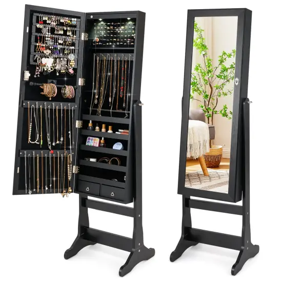 Lockable Freestanding Jewelry Cabinet Armoire with Full-Length Mirror and Lights Black {8}