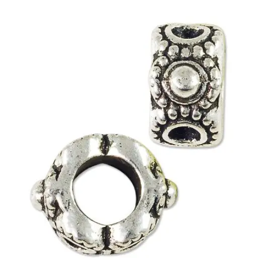 Large Hole Metal Bead with Dots 9x5mm Pewter Antique Silver Plated (Package of 10 Beads) {2}