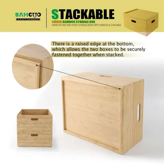 Lidded Bamboo Storage Bins & Box/Cube/Basket, Home Kitchen and Office Storage Boxes with Handles & Stackable for Organizer Tableware, Clothing, Toys, Office Shelf Books, 14.6&rdquo;x10.2&rdquo;x6.5&rdquo; {2}