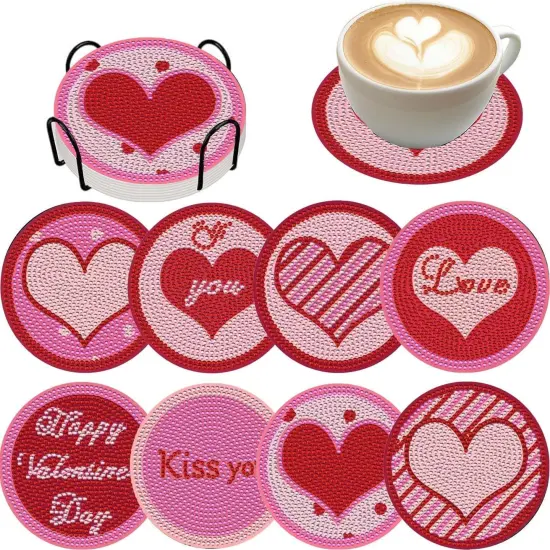 8 Pcs Diamond Art Painting Love Coasters with Holder,DIY Valentines Coaster Diamond Art Kits for Adults Beginners, Round Full Drill Diamond Art Craft Supplies QLBD-03 {2}