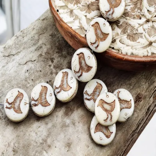 *15* 12mm Bronze Washed Opaque Beige Bird Coin Beads {3}
