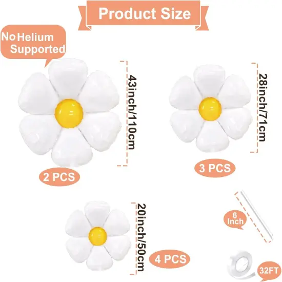 9 Pieces Large Daisy Flower Balloons Set - 3 Sizes White Flower Shaped Aluminum Foil Balloon for Daisy Birthday Decorations, Baby Shower, Wedding, Groovy Boho Daisy Party Supplies {2}