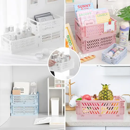 Plastic Storage Baskets for Desk Organizing, Office Drawer Organizer, 2 Medium+2 Small Durable Folding Storage Crate {5}