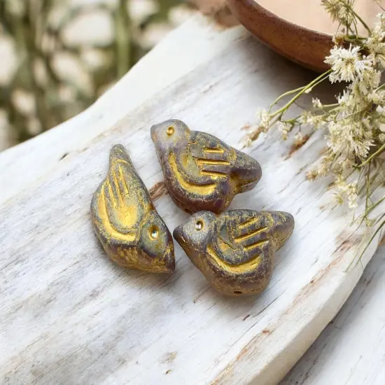 *6* 11x22mm Gold Washed Matte Lavender Bird Beads {2}