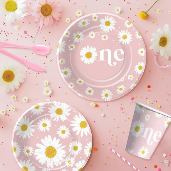 Daisy 1st Birthday Decorations Party Tableware Set, Groovy Retro Floral Daisy First Birthday Party Supplies, Paper Plate, Napkin, Cup, Tablecloth, Disposable Cutlery | Serves 24 {5}