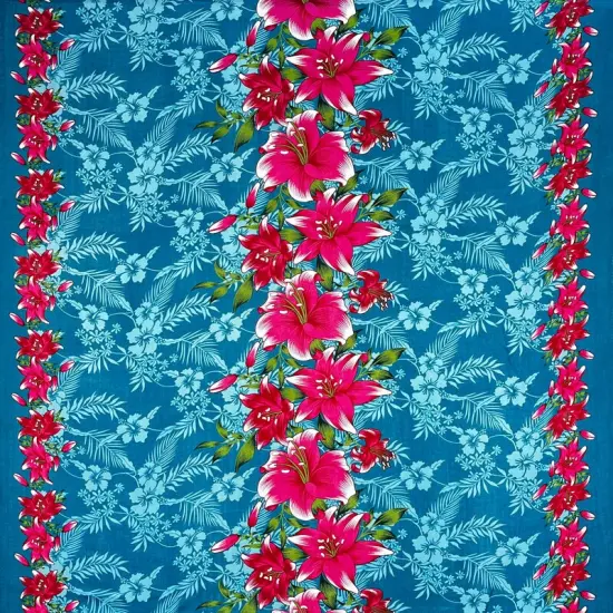 1 Yard Triple Lily Border Tropical Flowers & Leaves Rayon Fabric 36" L x 45" W Green/Blue {6}