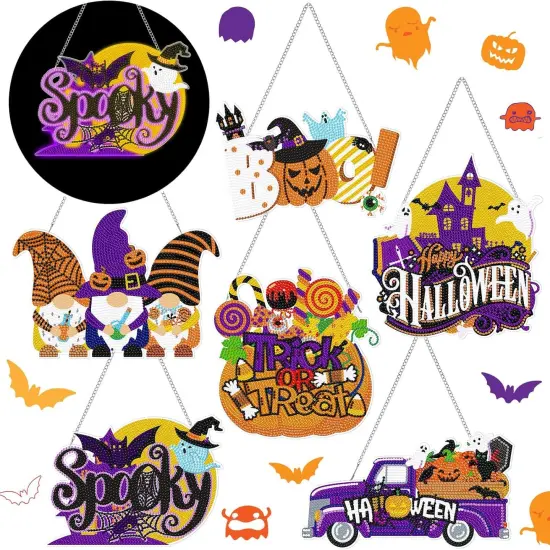 6 Pcs Halloween Diamond Art Painting Kits Hanging Sign Set {1}