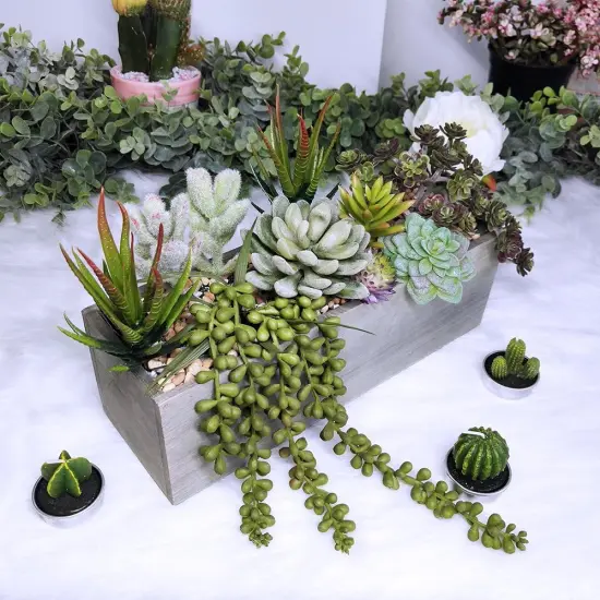 Artificial Succulent Arrangement – Rustic Greenery in Wooden Pot {3}