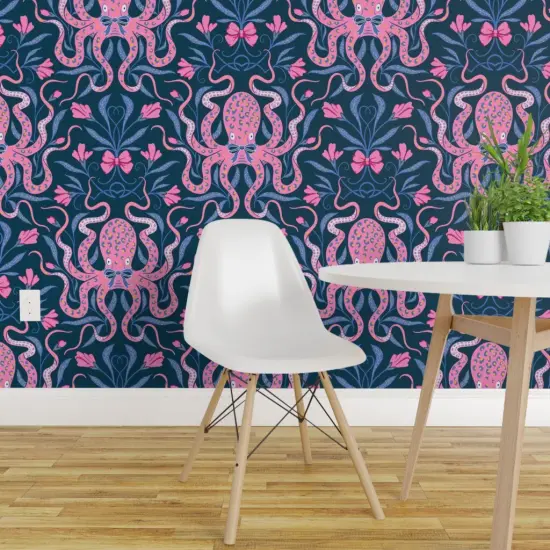 Pre-Pasted Wallpaper 2FT Wide Ocean Damask Pink Midnight Blue Coastal Vibrant Octopus Bows Botanical Custom Pre-pasted Wallpaper by Spoonflower {1}