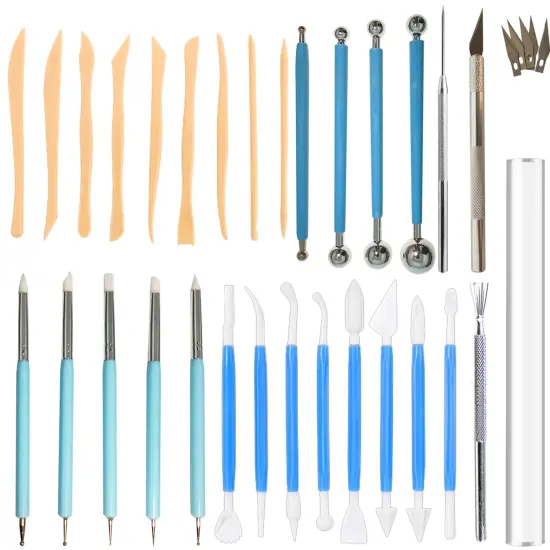 31pcs Polymer Clay Sculpting Tools Set, Air Dry Modeling Clay Roller Dotting Tool Kit Fondant Metal Cutters Silicone Embossing Pen Balls Stylus Rollin {1}
