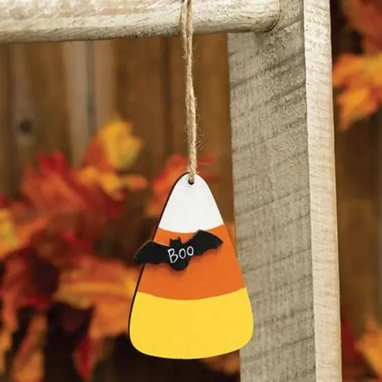 Wooden Candy Corn Ornament with Bat Accent and "Boo" Text Halloween Decoration with Jute Hanger {2}