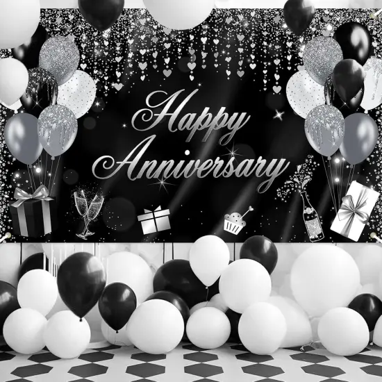 70.8 x 43.3 Inch (Black and Silver)Banner Glitter Happy Anniversary Decorations {2}
