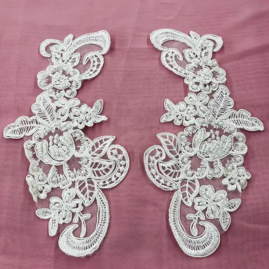 1 Pair 8.5" x 3.5" Each Side Beaded & Corded Floral Lace Applique 100% Polyester Organza Pink {2}