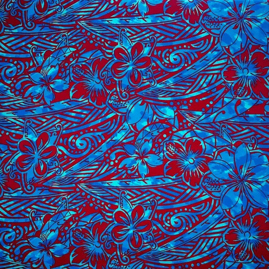 1 Yard Traditional Polynesian Tattoo Cotton Fabric with Hibiscus & Plumeria Swirls 36in L x 45in W Red/ White {4}