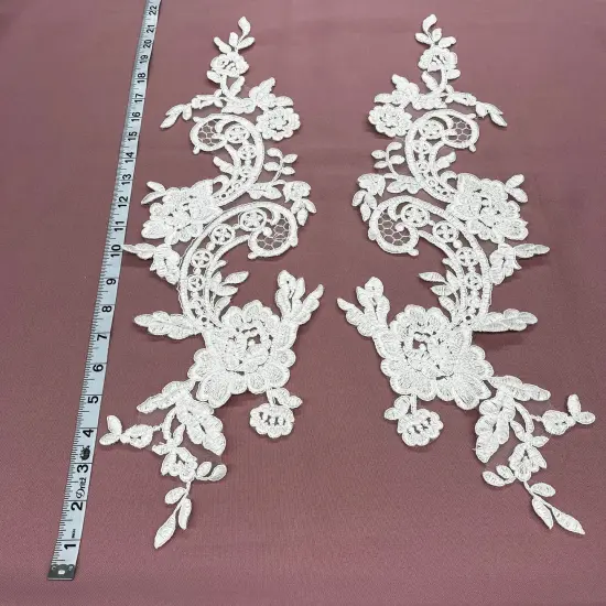 1 Pair Corded Floral Lace Applique 100% Polyester Net Mesh 22" x 5" Per Side Ivory {1}