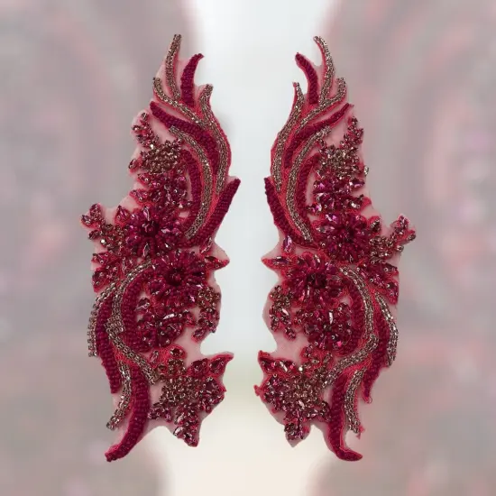 1 Pair 14" x 4" Each Side Crystal Rhinestone Beaded & Corded Lace 100% Polyester Fuchsia {1}