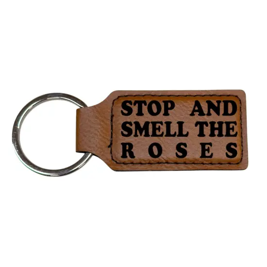 Keychain - Rectangle - Stop and smell the roses - Leather Black/Silver {4}