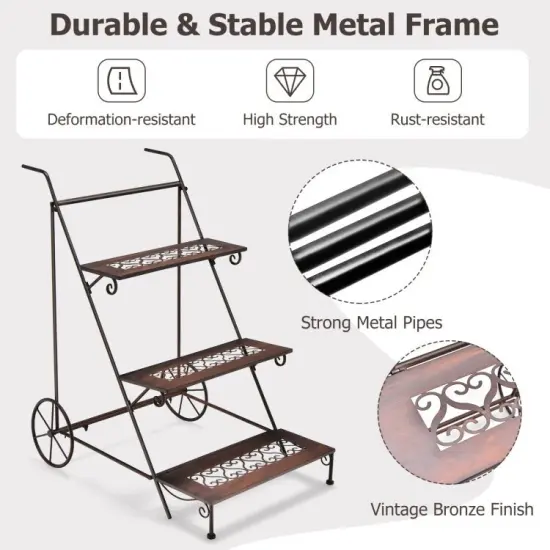 3-Tier Metal Rolling Plant Cart with Handle {4}