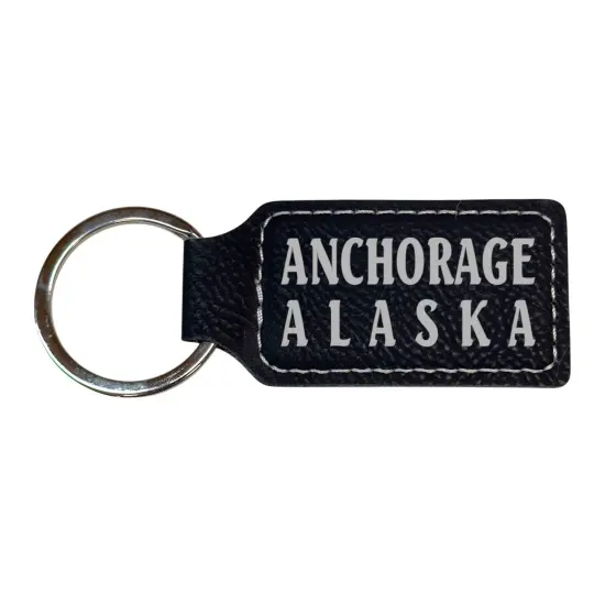 Keychain - Rectangle - Anchorage Alaska - Leather Black/Silver {3}