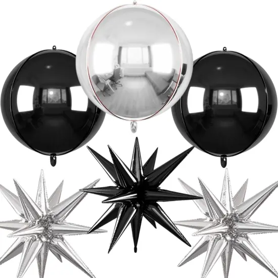 6Pcs 22 Inch Black Silver Star Balloons and 4D Large Foil Balloons {1}