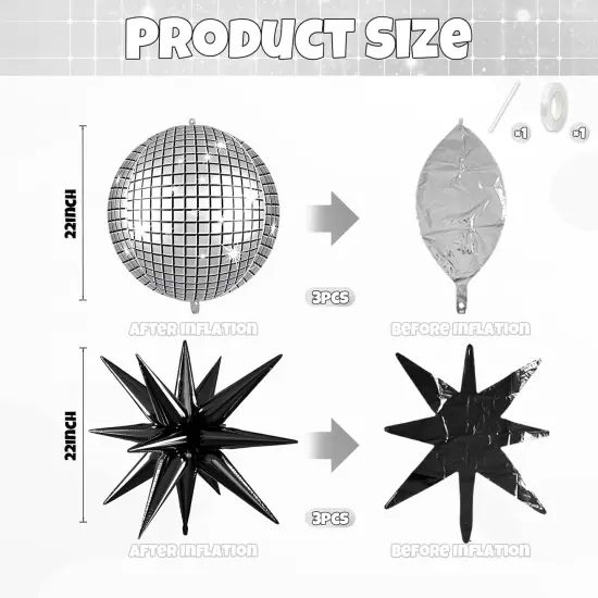 6 Pcs 22 Inch Black Star Balloons and Disco Foil Balloons (Black Disco) {2}