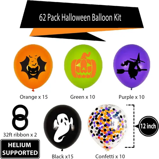 62PCS Halloween Party Balloons Decorations - 12 Inch (Black Orange Purple Green) {3}