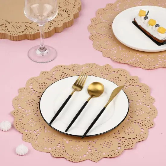 100 Pack Round Brown Kraft Paper Doilies 13.5 Inches Lace Paper Place Mats Rustic Scallop Doily Disposable Table Pads for Food Cakes Crafts Party Weddings Tableware Decor {4}
