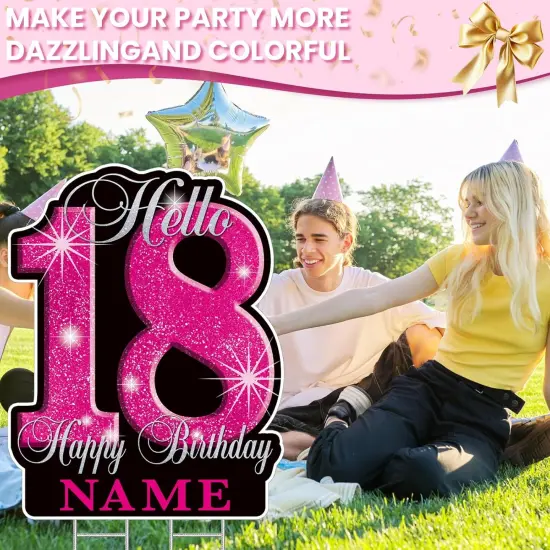 18th Birthday Decorations for girls &ndash; 35" Happy 18 Birthday Yard Sign, Personalized with Custom Name, Glitter Waterproof Lawn Decor & Stakes for Outdoor Party {3}