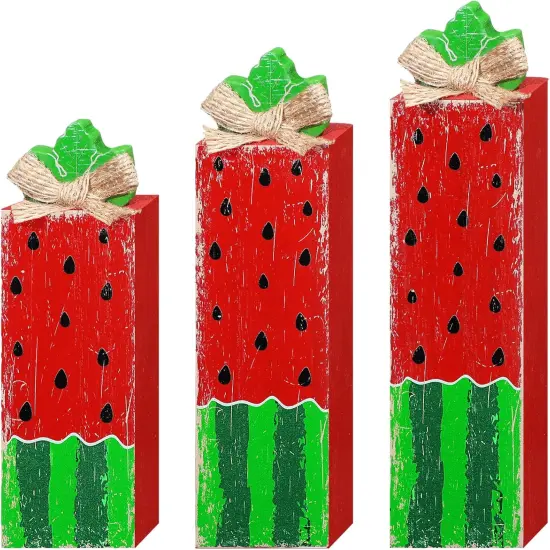 3 Pcs Watermelon Table Decor Watermelon Tiered Tray Decor Wood Summer Block Sign Rustic Farmhouse Wooden Tabletop Centerpieces for Summer Decorations Home Shelf Kitchen Office Desk Party {1}