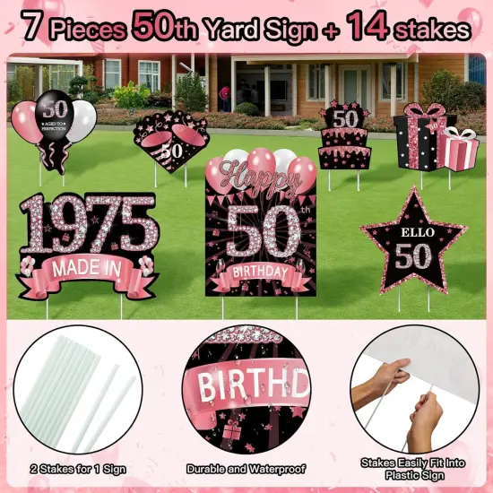 7Pcs Rose Gold 50th Birthday Yard Sign Decorations for Women,Happy 50th Birthday Made in 1975 Lawn Sign Party Supplies,Fifty Year Old Birthday Outdoor Yard Decor with Stakes {2}