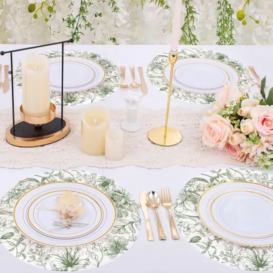 50 Pack Paper Placemats Disposable Green Floral Placemats 13.7 Inch Vintage Sage Green Flower Place Mats Chinoiserie Round Table Mats {4}