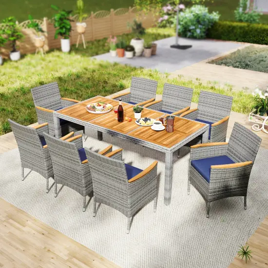 9 Pieces Patio Wicker Dining Set Including Ergonomic Armchairs with Cushions and Metal Frame Navy {2}