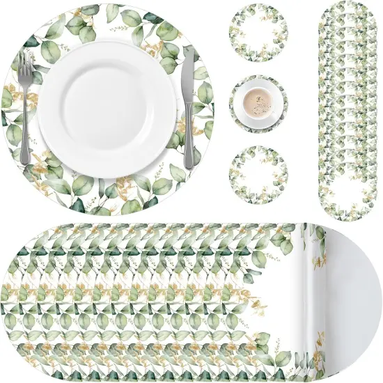 100 Pcs Eucalyptus Leaves Disposable Paper Place Mat Coaster Set Green Round Table Place Mat Paper {1}