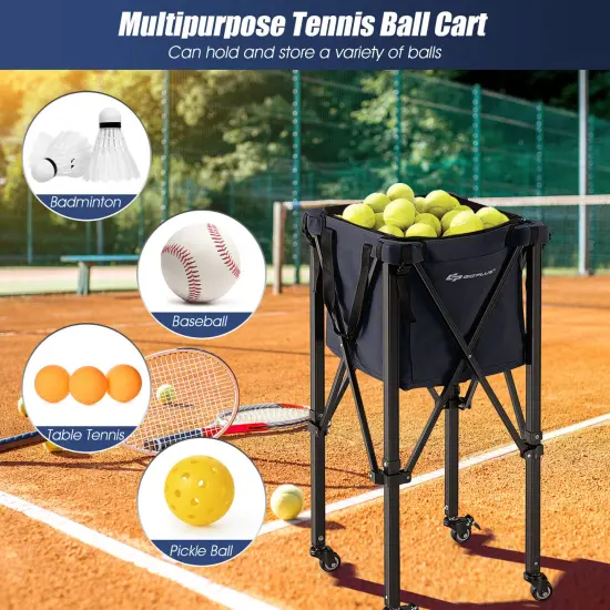Foldable Lightweight Tennis Ball Teaching Cart with Removable Bag and Lockable Wheels Blue {6}