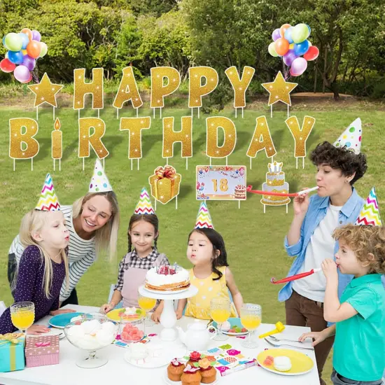 18 Pcs Happy Birthday Yard Sign with 32.8 ft Led Light, 16&rdquo; Large Size Happy Birthday Yard Sign with Stakes, Weatherproof Personalized Birthday Yard Signs, Outdoor Lawn Garden Party Decoration(Gold) {5}