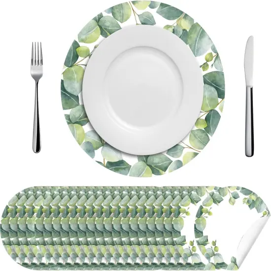 100 Pcs Disposable Eucalyptus Leaf Paper Placemats Round 12 Inch Sage Green Eucalyptus Placemat Table Place Mat {1}