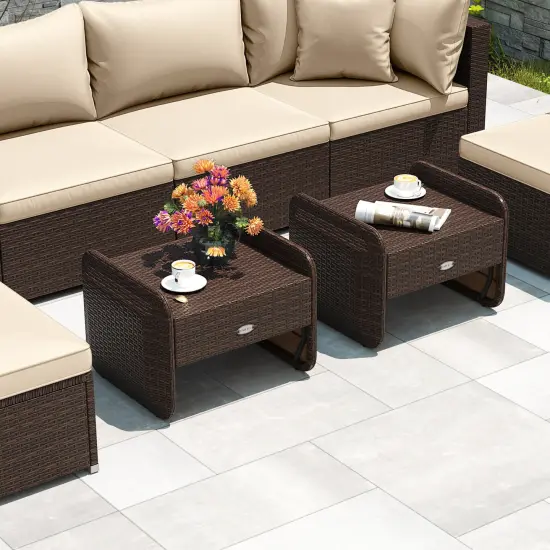 2 Pieces Patio Wicker Ottomans with Metal Frame and Removable Cushions Perfect for Outdoor Seating Brown {2}