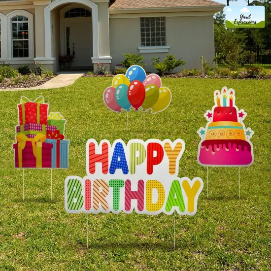 Yard Expressions 4pc Happy Birthday Yard Signs with Stakes - Easy to Install Happy Birthday Yard Sign - Large 16" Waterproof Birthday Sign Yard &ndash; Durable, Reusable & Colourful Happy Birthday Lawn Sign {1}