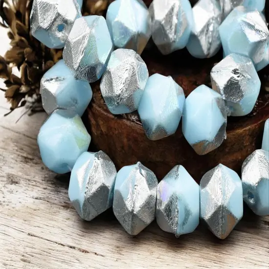 *15* 10mm Silver Washed Baby Blue Antique Cut Round Beads {4}