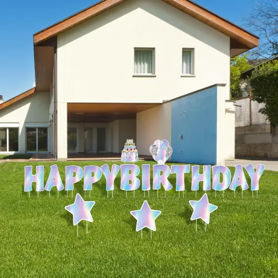 18 Pcs Iridescent Happy Birthday Yard Sign with Stakes Shiny Happy Birthday Yard Lawn Signs Cake Balloon Star Outdoor Birthday Yard Decorations for Birthday Party Supplies, Laser Color {2}