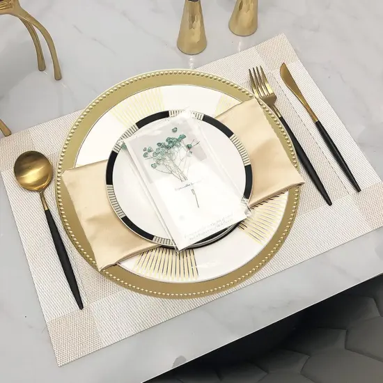 Set of 12 Gold Charger Plates with Beaded. 13" Reusable Plastic Table Chargers for Dinner Plates {3}