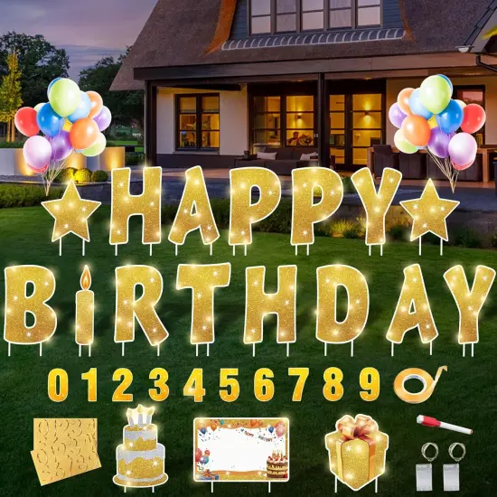 18 Pcs Happy Birthday Yard Sign with 32.8 ft Led Light, 16&rdquo; Large Size Happy Birthday Yard Sign with Stakes, Weatherproof Personalized Birthday Yard Signs, Outdoor Lawn Garden Party Decoration(Gold) {1}