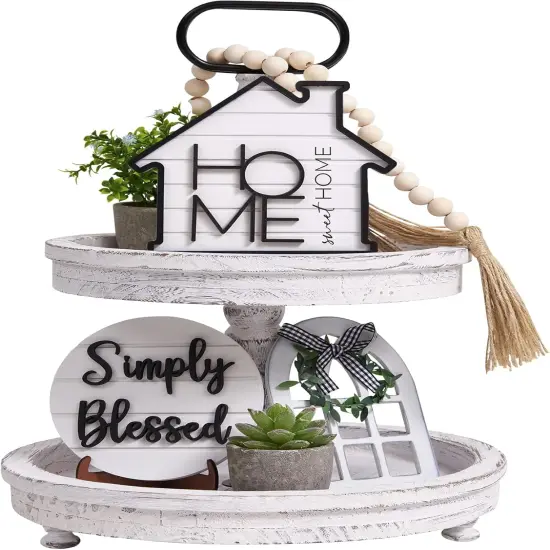 Rustic Farmhouse Tiered Tray Set with Succulent & Plant - Home Decor for Kitchens {1}
