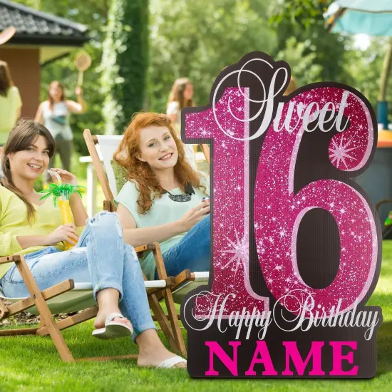 35 Inch Sweet 16 Birthday Large Yard Signs Personalized Name 16th Birthday Lawn Sign Glitter Waterproof Congrats Sign with Stakes for Happy Sweet 16 Party Outdoor {2}