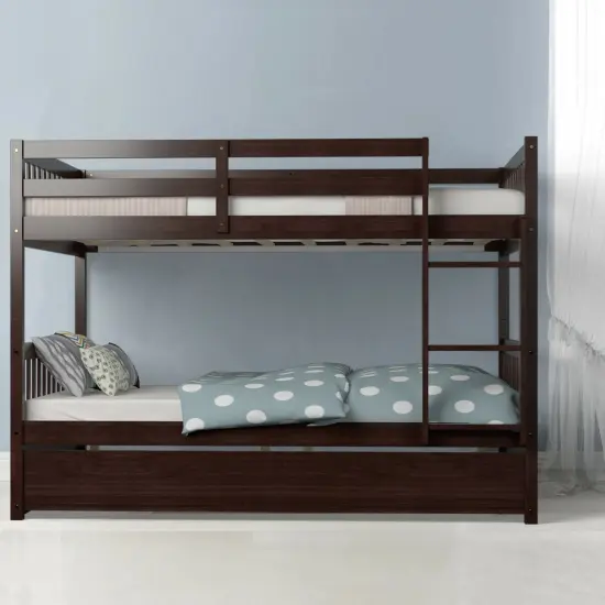 Wooden Full over Full Bunk Platform Wood Bed with Ladder and Trundle Perfect for Dorms Room Brown {6}