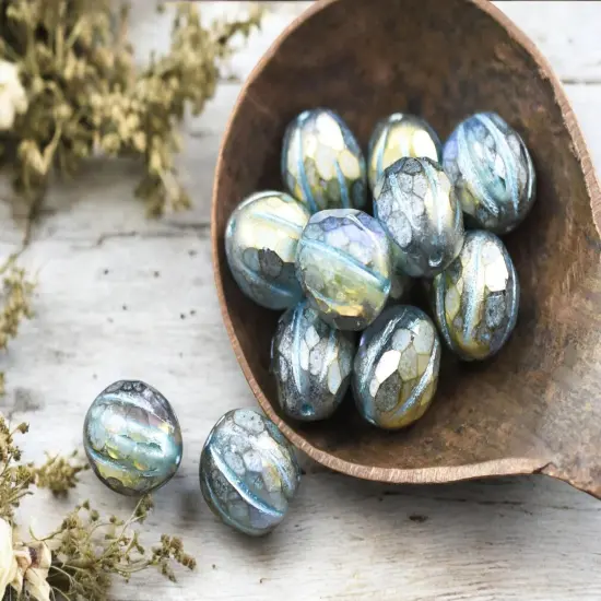 *12* 10mm Turquoise Washed Gold Lustered Crystal Faceted Round Melon Beads {2}